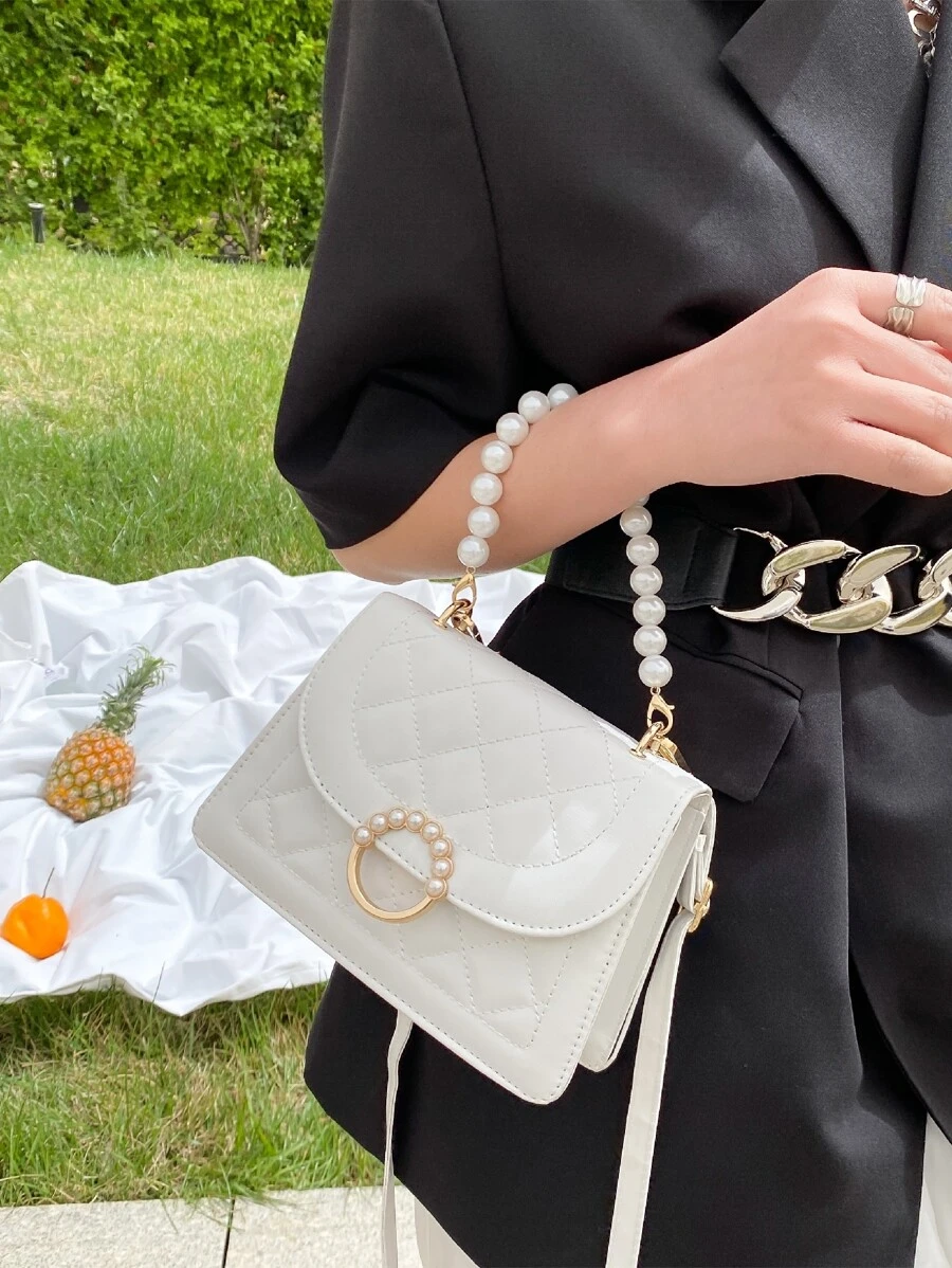 Mini Faux Pearl Decor Quilted Satchel Bag - Beige - View 1