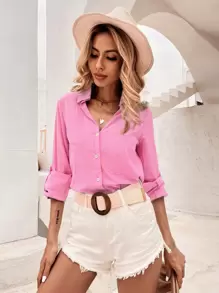捲邊袖前排扣襯衫 - 粉色 - 查看 3
