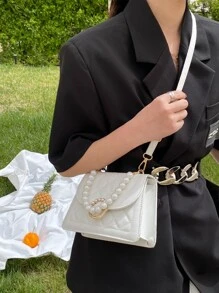 Mini Faux Pearl Decor Quilted Satchel Bag - Beige - View 2