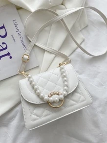 Mini Faux Pearl Decor Quilted Satchel Bag - Beige - View 5