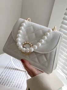 Mini Faux Pearl Decor Quilted Satchel Bag - Beige - View 7