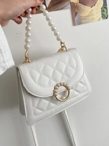 Mini Faux Pearl Decor Quilted Satchel Bag - Beige - View 8