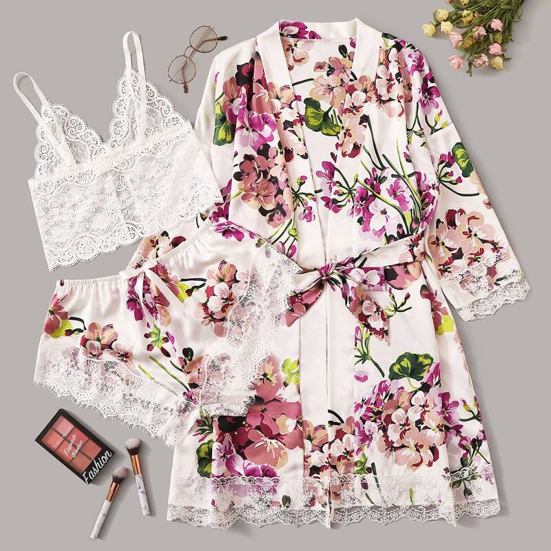 

4pack Satin Floral Lace Bralette & Shorts With Floral Print Robe, Multicolor