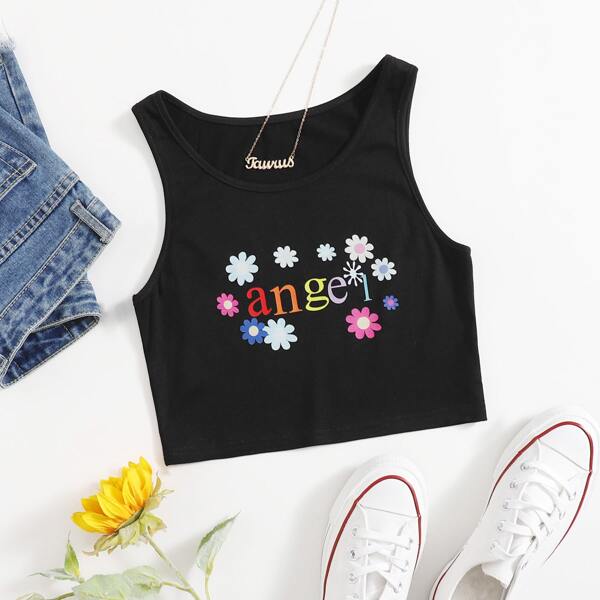 

Floral & Letter Print Tank Top, Black