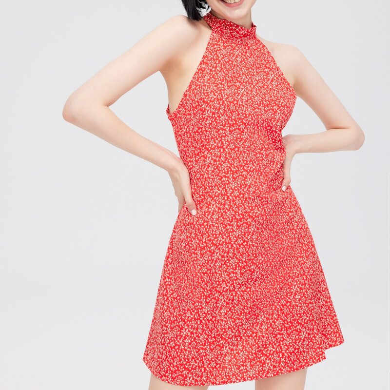 

Ditsy Floral Tie Neck Dress, Red