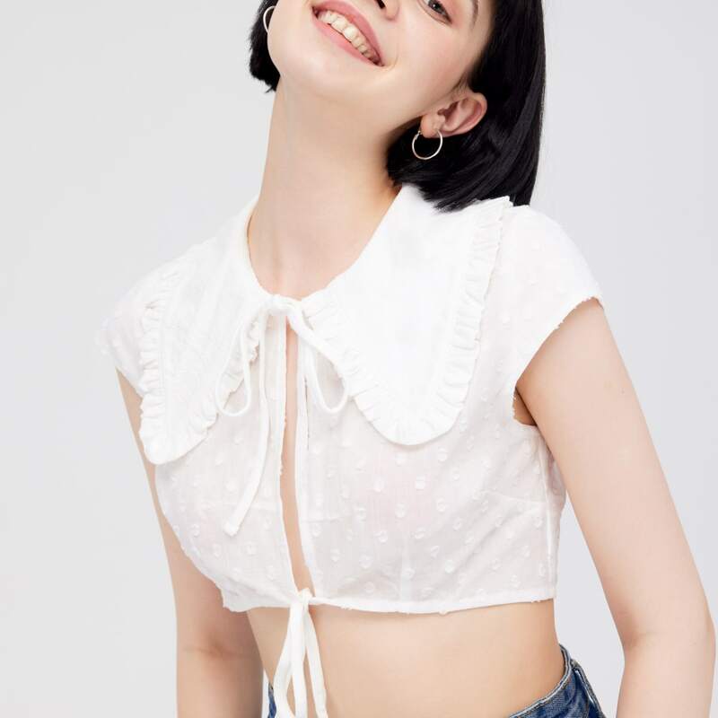 

Tie Front Frill Trim Crop Top, White
