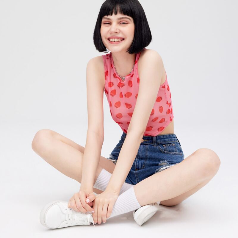 

Strawberry Print Sheer Tank Top, Pink