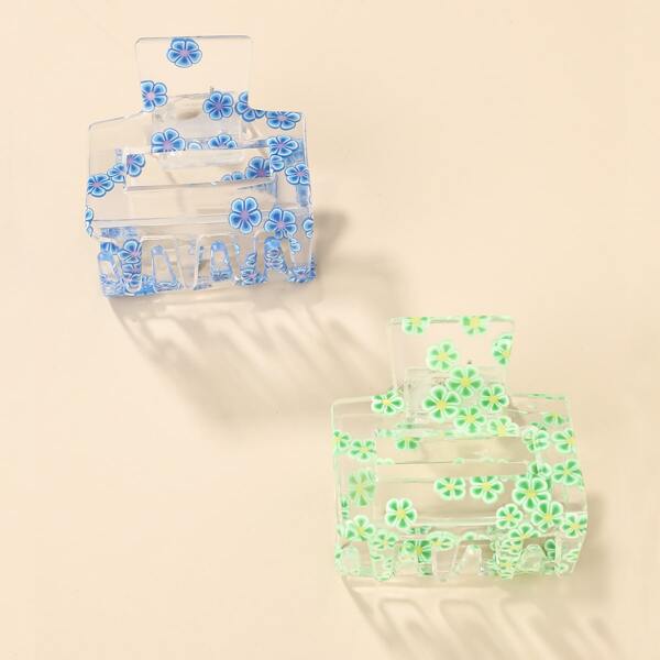

2pcs Flower Print Hair Claw, Multicolor