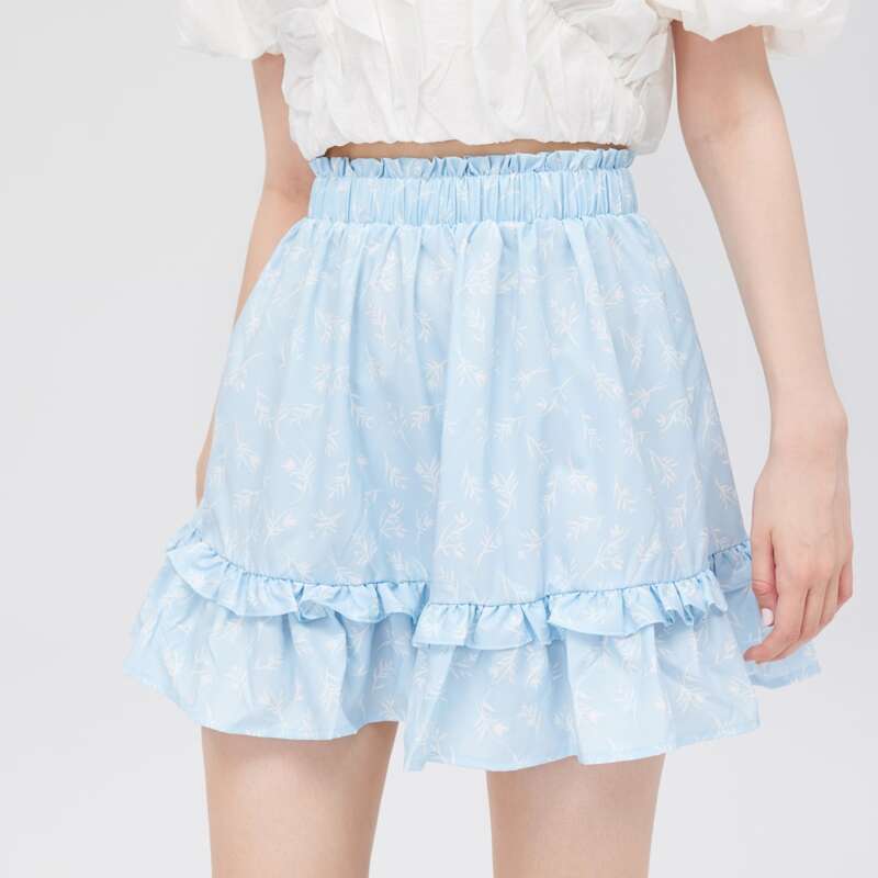 

Plants Print Ruffle Hem Skirt, Baby blue