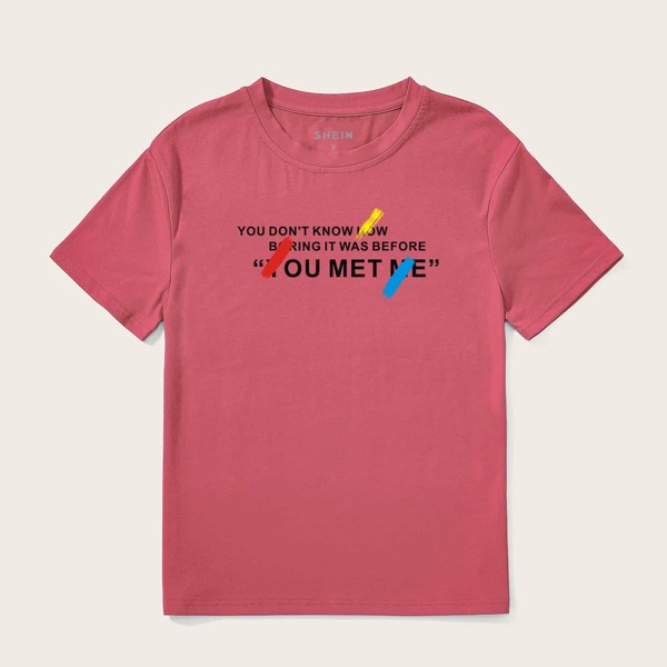 

Slogan Graphic Crew Neck Tee, Rose red