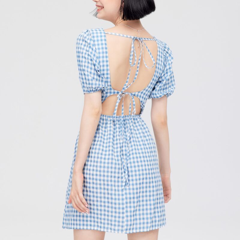 

Tie Backless Gingham A-line Dress, Blue and white