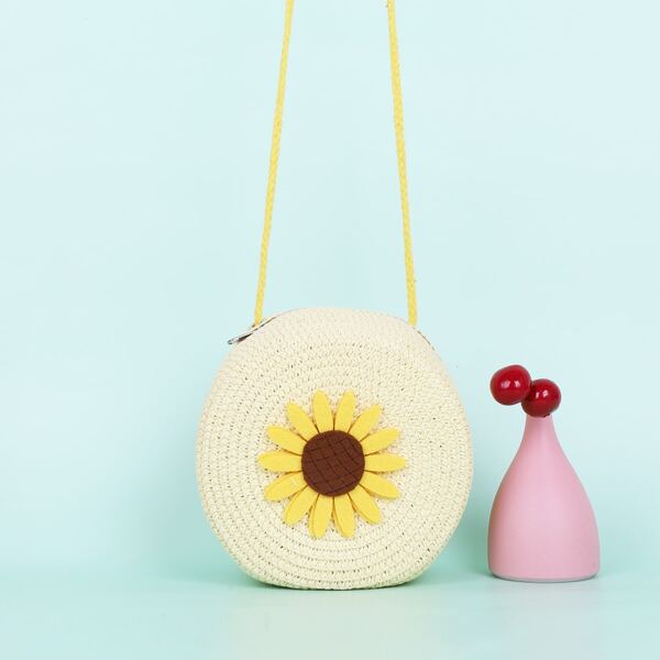 

Girls Applique Straw Circle Bag, Apricot