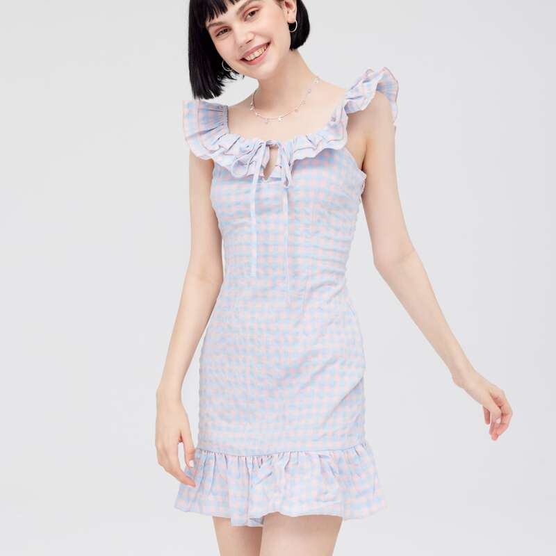

Tie Front Ruffle Trim Gingham Dress, Multicolor