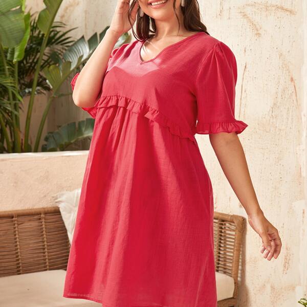 

Plus Solid V-neck Ruffle Smock Dress, Rose red