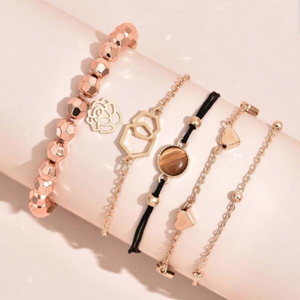 

5pcs Heart Detail Bracelet, Gold