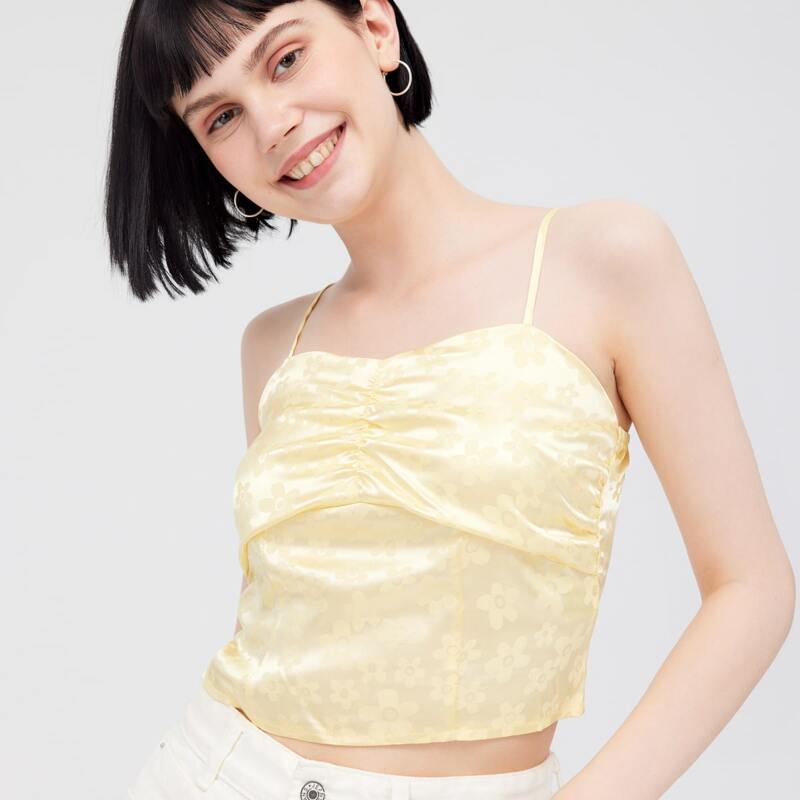 

Satin Floral Jacquard Ruched Front Cami Top, Yellow