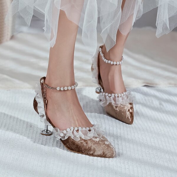

Faux Pearl Decor Ruffle Trim Pumps, Gold