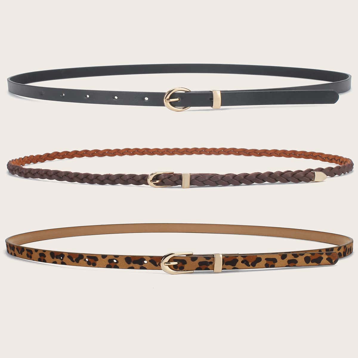 

3pcs Leopard Braided Buckle Belt, Multicolor