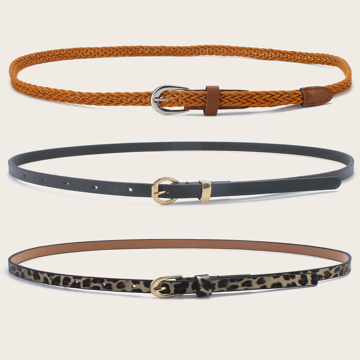 

3pcs Leopard Braided Buckle Belt, Black