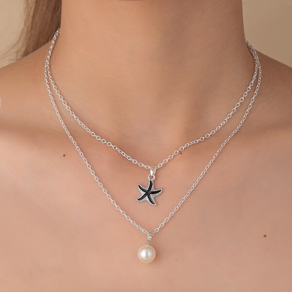 

Faux Pearl Decor Layered Necklace, Silver