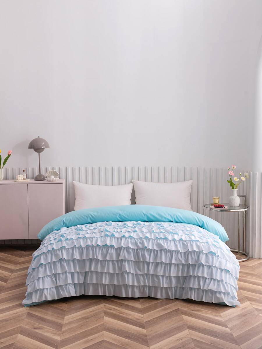 Plain Ruffle Trim Duvet Cover Without Filler - Blue - View 1