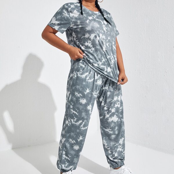 

Plus Tie Dye Print Tee With Sweatpants, Grey
