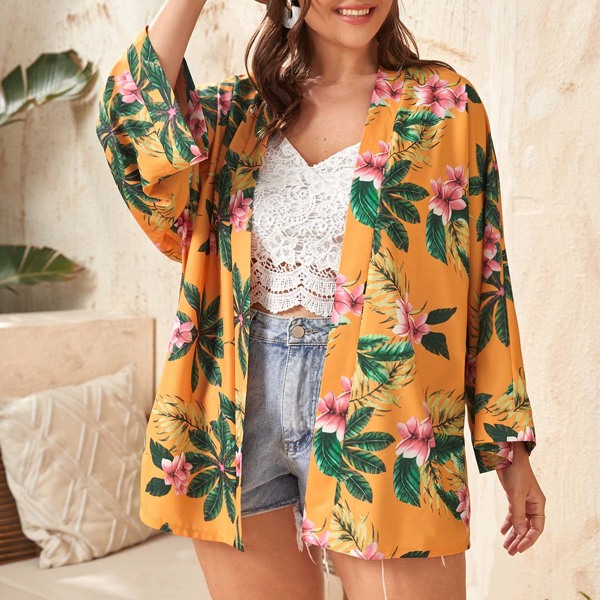 

Plus Flower Print Kimono, Multicolor