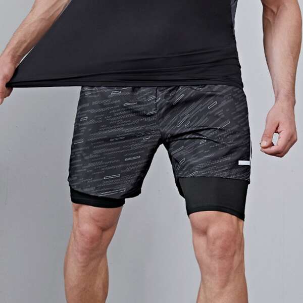 

Men Reflective 2 In 1 Drawstring Sports Shorts, Black