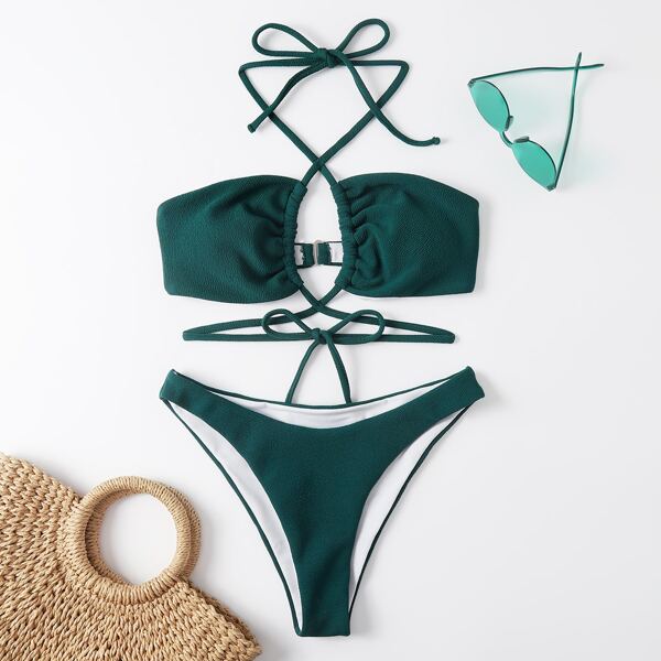 

Criss Cross Halter Bikini Swimsuit, Dark green