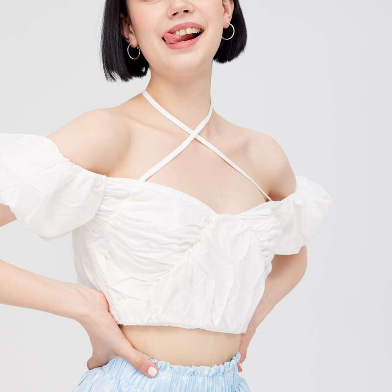 

Puff Sleeve Ruched Bust Crisscross Halter Crop Top, White