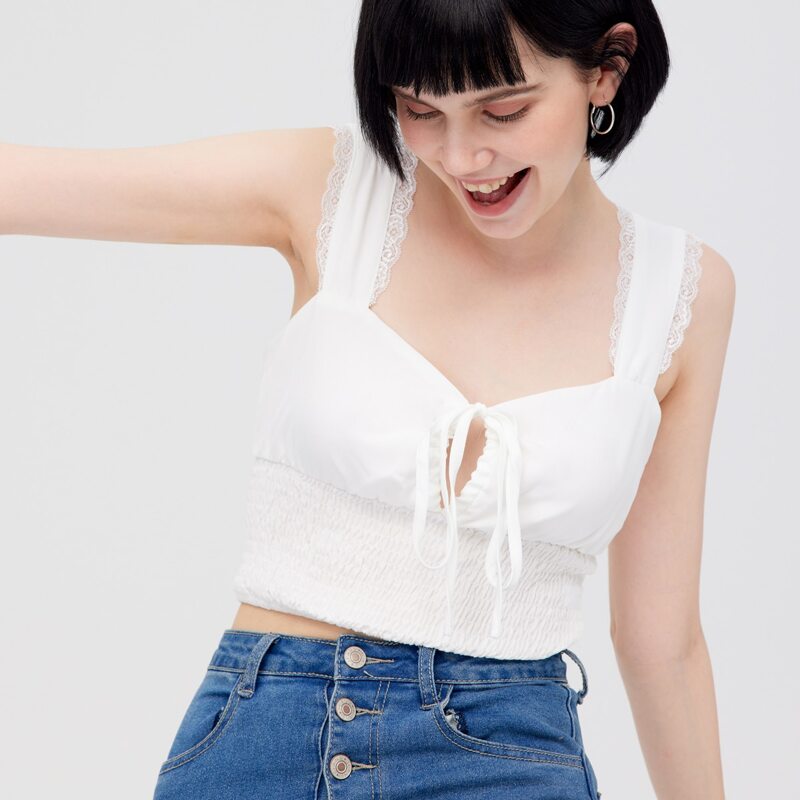 

Contrast Lace Shirred Knot Front Top, White