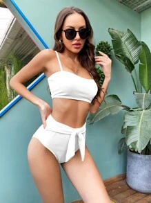 Textured Knot Front High Waisted Bikini Set - White - View 1