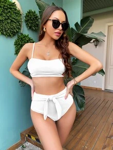 Textured Knot Front High Waisted Bikini Set - White - View 3