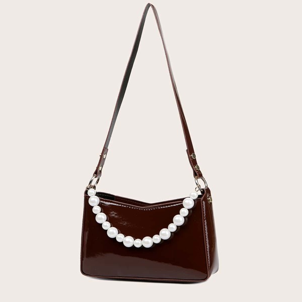 

Faux Pearl Decor Shoulder Bag, Coffee brown