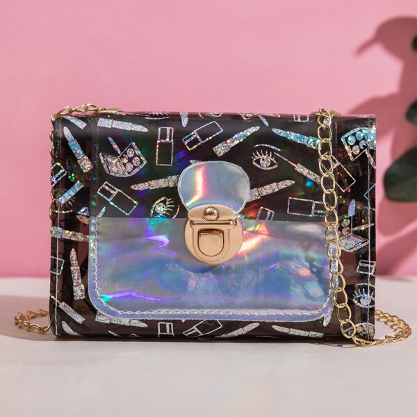 

Holographic Push Lock Flap Chain Bag, Black