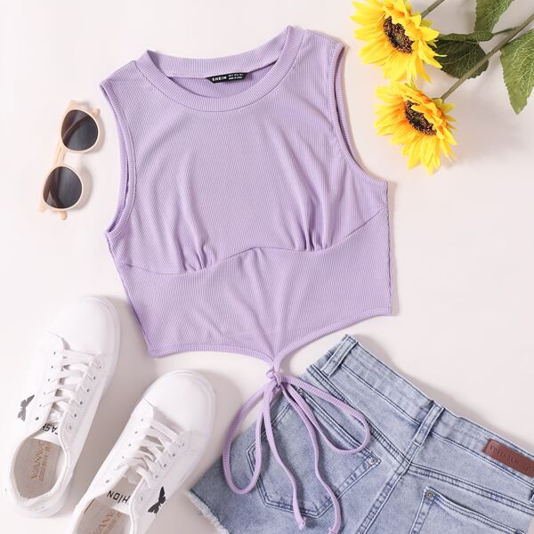 

Knot Hem Rib-knit Tank Top, Lilac purple