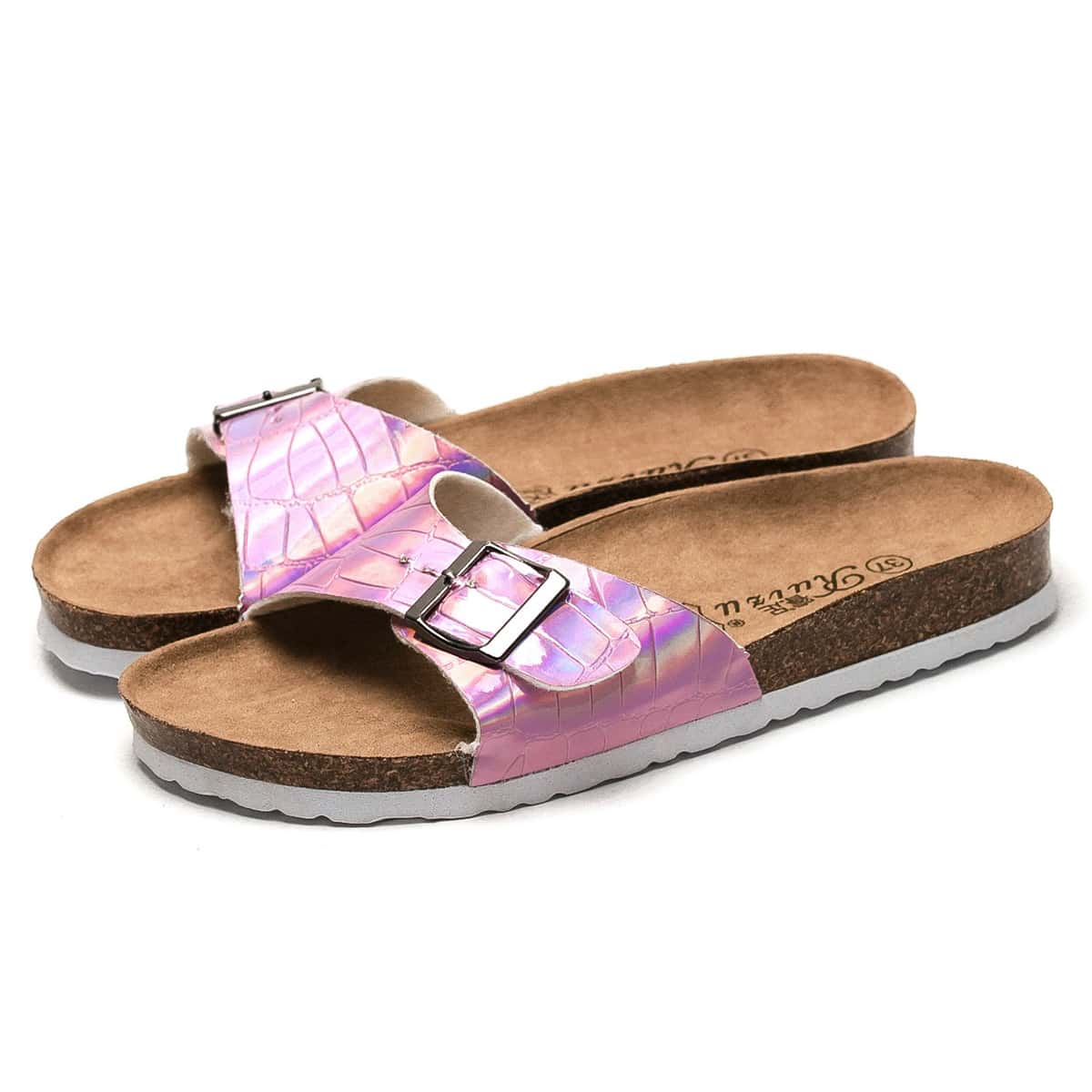 

Holographic Croc Embossed Slide Sandals, Pink