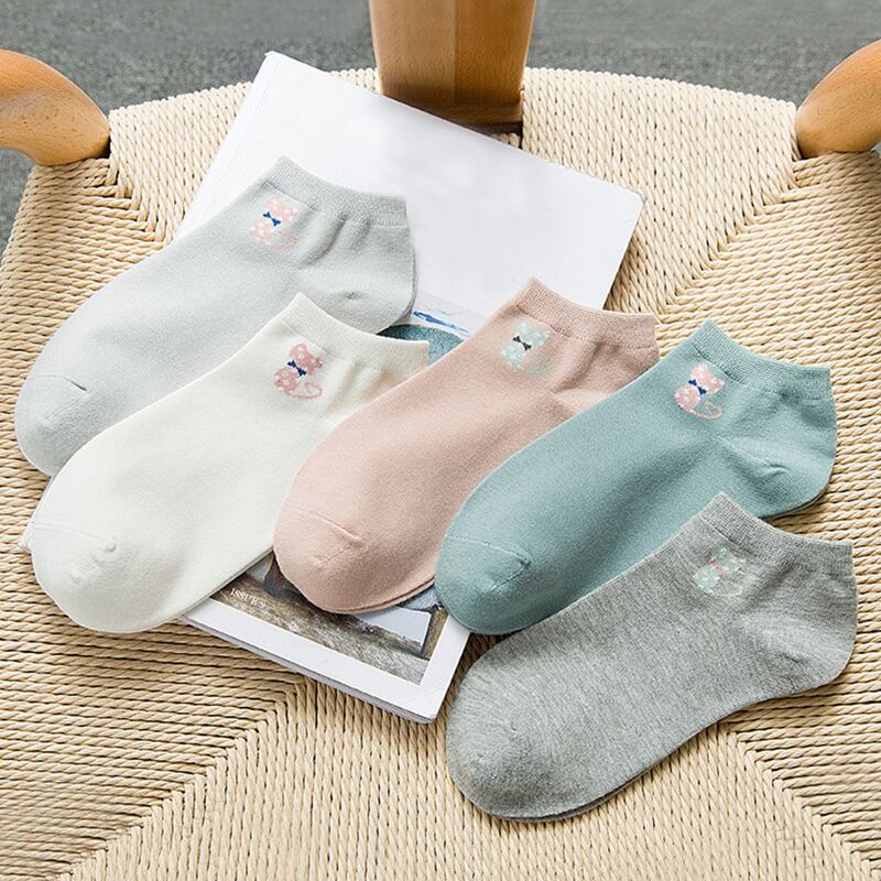 

5pairs Cat Print Ankle Socks, Multicolor