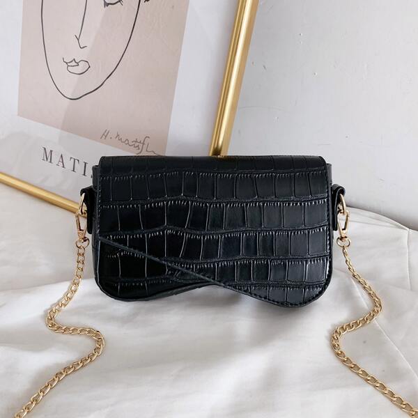 

Minimalist Croc Embossed Chain Crossbody Bag, Black