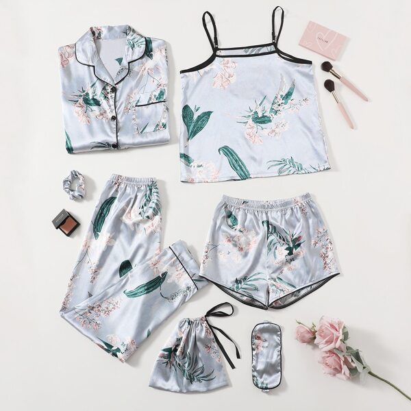 

7pcs Floral Print Satin Pajama Set, Light grey