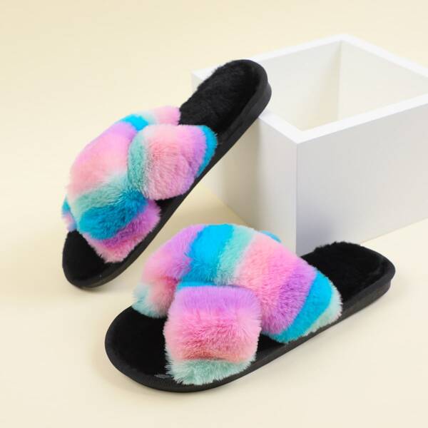 

Colorful Strap Fluffy Slippers, Multicolor