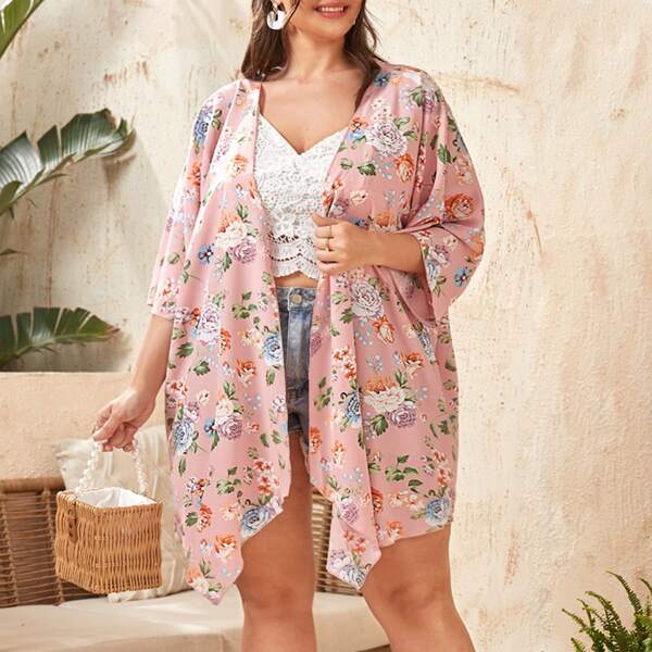 

Plus Floral Print Open Front Kimono, Multicolor