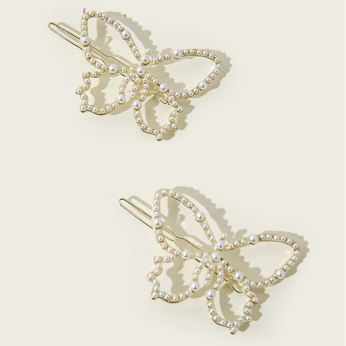 

2pcs Faux Pearl Decor Butterfly Design Hair Clip, Gold
