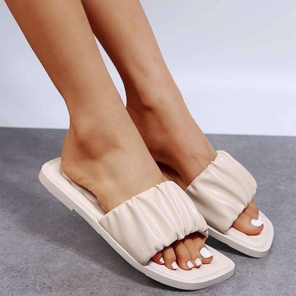 

Minimalist Ruched Slide Sandals, Beige