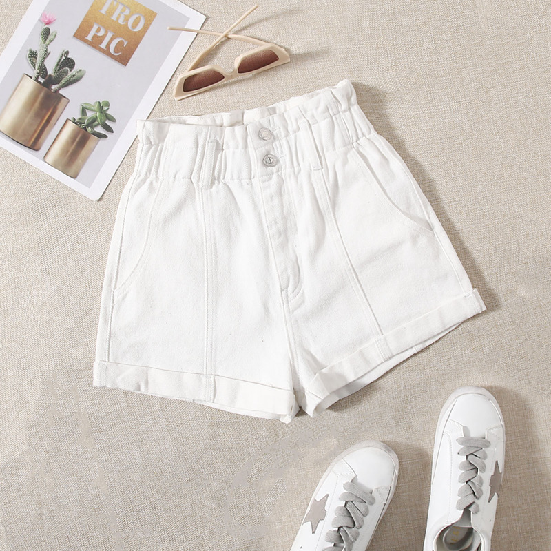 

Solid Rolled Hem Denim Shorts, White