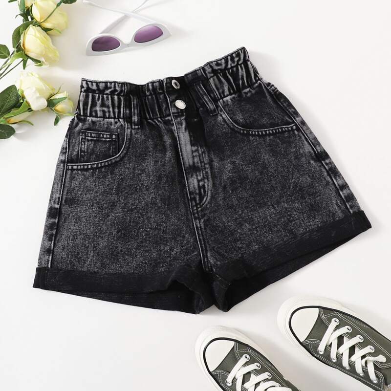 

Rolled Cuff Slant Pocket Denim Shorts, Dark grey