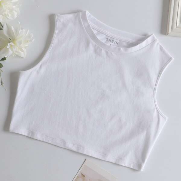 

Solid Round Neck Tank Top, White