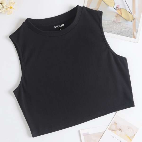 

Solid Round Neck Tank Top, Black
