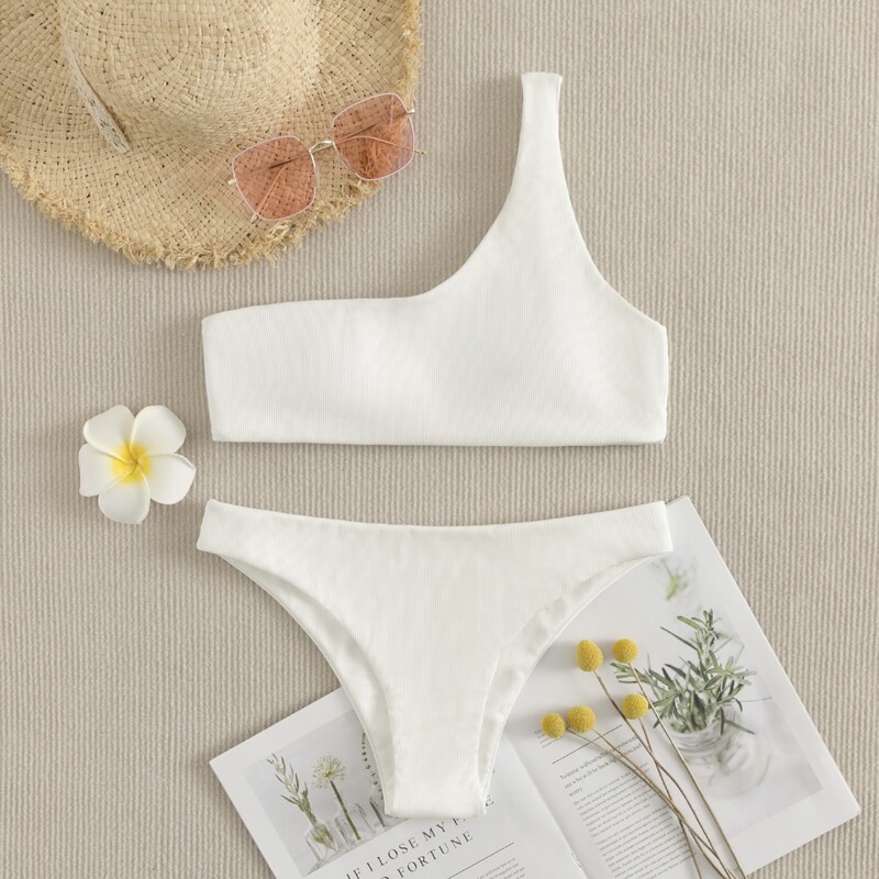

Rib One Shoulder Bikini Swimsuit, White