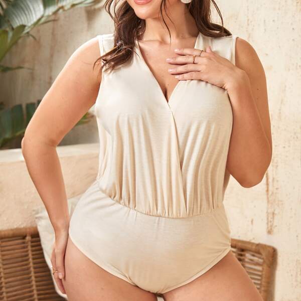 

Plus Surplice Neck Solid Bodysuit, Beige